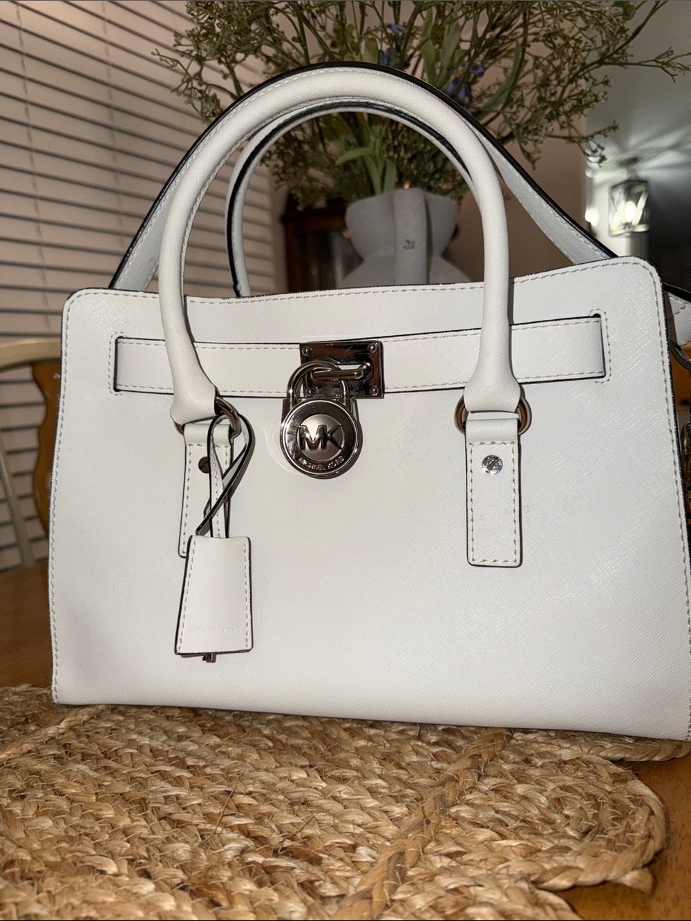 Michael Kors Ivory Saffiano Leather Satchel with Turn-Lock